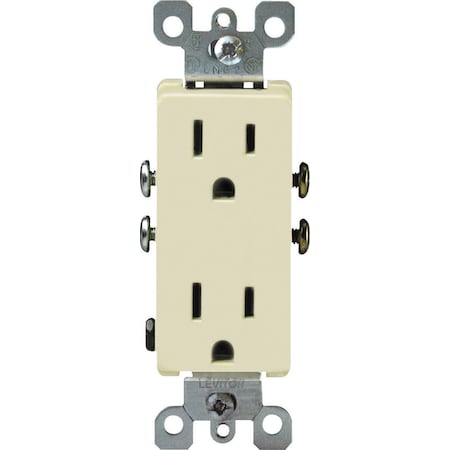 Decora Duplex Straight Blade Receptacle, 5-15R, 15 A, 125V AC, 2 Pole, 3 Wire, Flush Mount, Grounded 05325-0IS